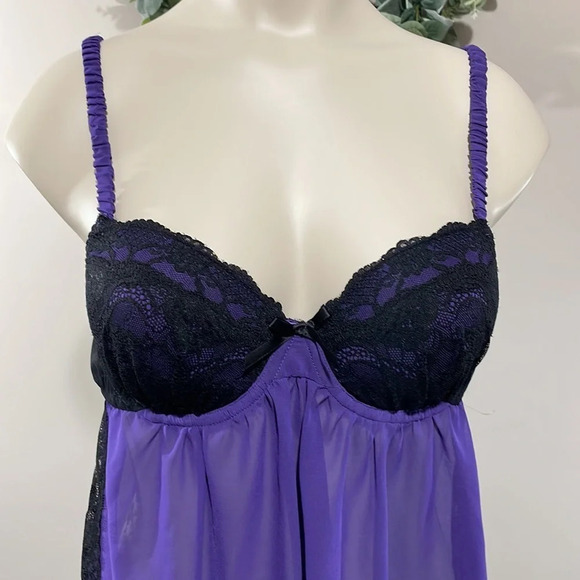 NWOT Ambrielle Lace Babydoll Negligee Nightgown Black Purple Adjustable Straps M - Picture 2 of 12